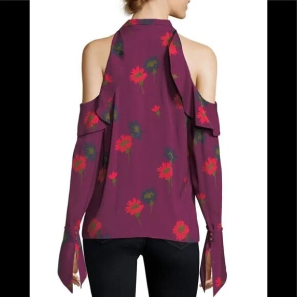 Tanya Taylor Adriene Spaced-Out Floral Cold-Shoulder Silk Blouse size LARGE/4 - Picture 2 of 12